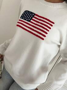 SHEIN EZwear 图案圆领长袖休闲套头衫 - 白色 - 查看 6