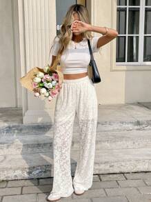 Serisse 女式松紧腰花卉蕾丝直筒优雅裤 - 米色 - 查看 3