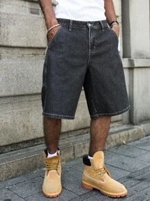 PAVTROS 男士口袋纯色宽松牛仔休闲短裤，夏季 - 深灰色 - 查看 3