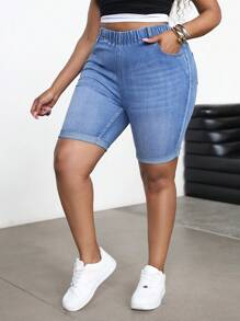SHEIN PETITE CURVE 大码女式蓝色弹力牛仔紧身短裤 夏季度假 牛仔西部风 女式商务休闲 女士 节日 机场 毕业典礼 伊比沙岛 海滩 夏威夷 音乐会 波西米亚风 锐舞派对 锐舞节 Y2K 女式牛仔街头风 辣妹 2000年代 迪斯科 7月4日 女式 2025 毕业典礼 高腰短裤 骑行短裤 - 藍色 - 查看 4