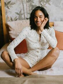 lacRébo 奶油色复古花卉纽扣前长袖上衣和宽松短裤家居服套装，生菜下摆，秋冬秋季服装 - 彩色 - 查看 5