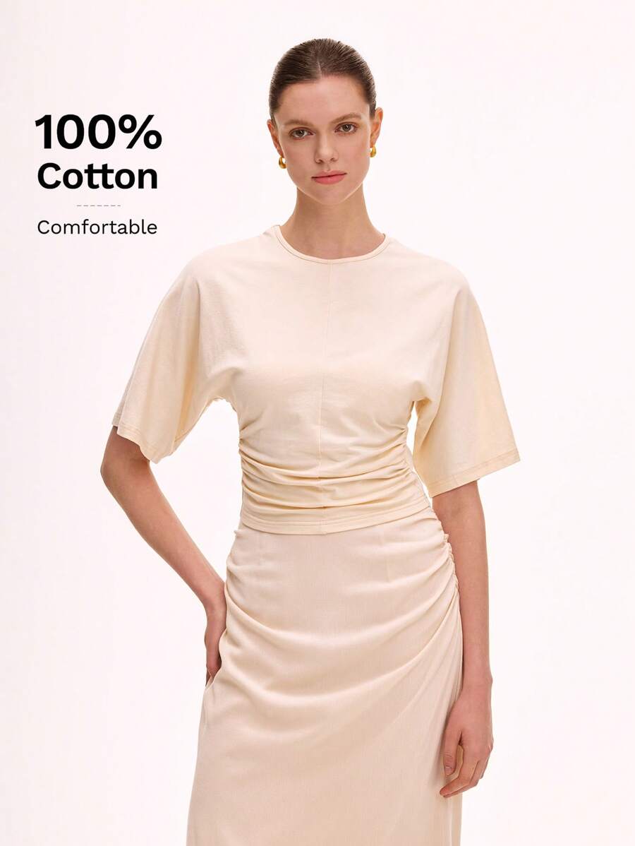 Chiquease Áo thun nữ cổ tròn, eo thắt, tay ngắn, màu trơn - Màu Khaki - Xem 1