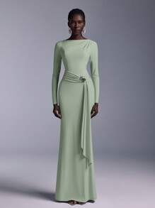 Elitara Elegant Boat Neck Off Shoulder Long Sleeve Bridesmaids Dress With Waist Twist, Sequin& Metal Shell Button Decor, Fishtail Design - Mint Green - View 6