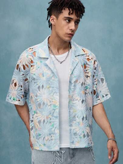 Street Life Men's Vacation Openwork Color Block Drop Shoulder Short Sleeve Casual Single Breasted Shirt, Summer