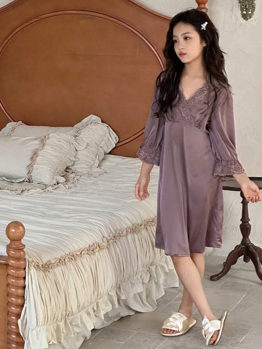 DAZY Tween Girls' Criss-Cross Wrap Long Sleeve Lace Trim Summer Nightgown Loungewear - Purple - View 1