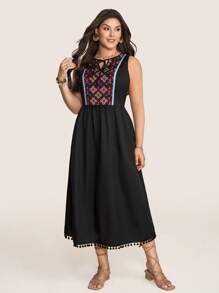 SHEIN LUNE Women's Black Boho Sleeveless Tassel Dress,Solid Color Fashion Vacation Outfits For Summer Clothes,European Style Casual Summer Outfits For Women - Black - View 5