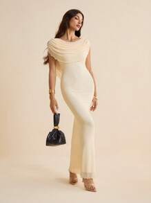 SHEIN Tall 女士 V 领修身长裙，优雅纯色，女士夏季连衣裙，波西米亚风 - 杏色 - 查看 5