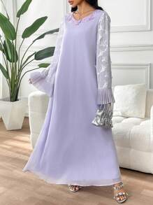 Yasmyna Damen V-Ausschnitt weites Ärmel Plissee Schulter elegantes langes türkisches Kleid Luxuskleid für Frauen, islamisches Kleid für Frauen, dezentes Kaftan