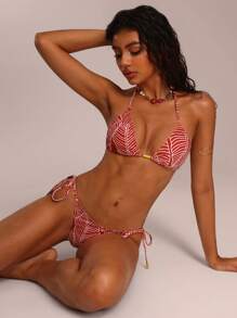 Avantive Summer New Arrival Halter Print Beach Vacation Ladies Bikini Set - Red and White - View 1