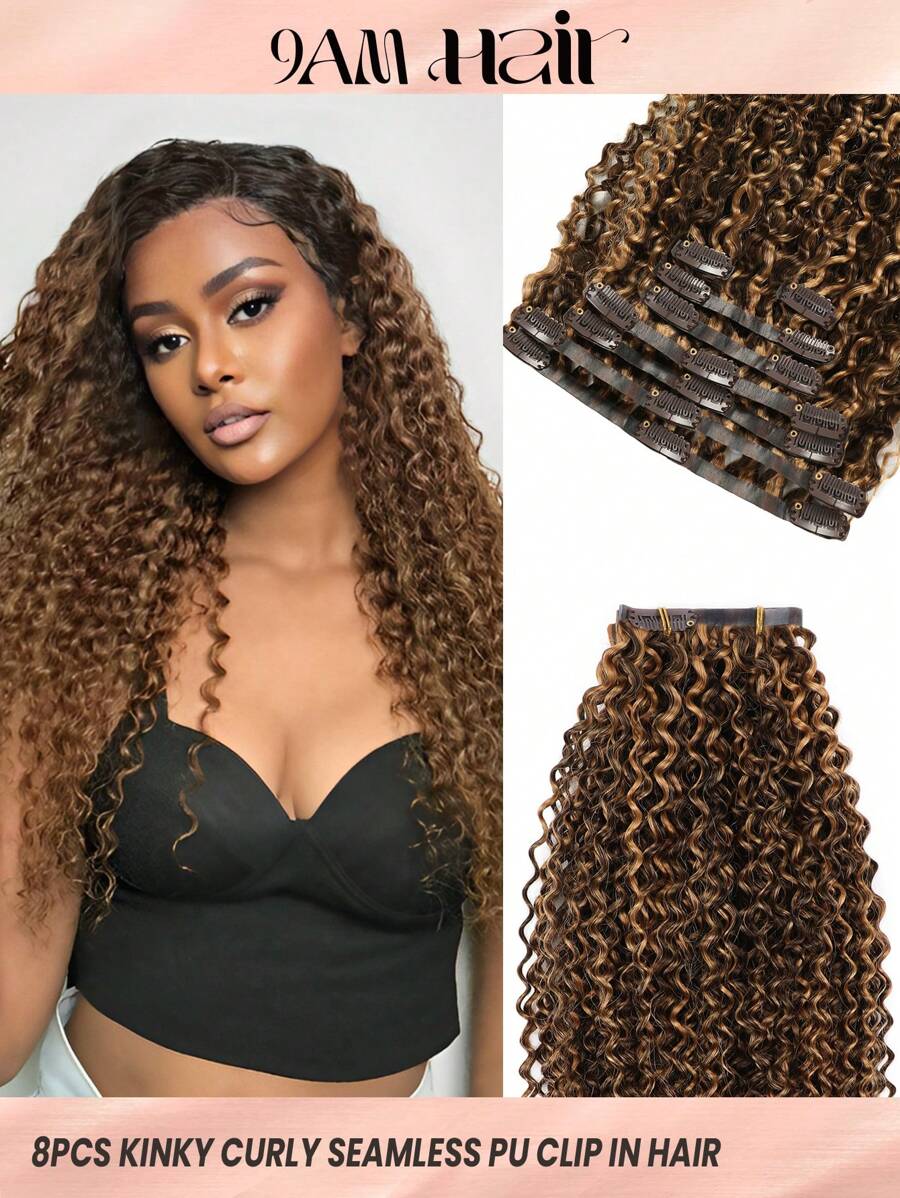 Kinky Curly P4/27 Chocolate Brown To Caramel Blonde Clip In Hair Extensions Real Human Hair Natural Remy Human Hair Extensions Seamless Clip Ins For Women - SP4/27 - View 1