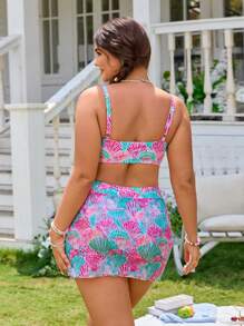 Swim Vcay Plus Size Women 2pcs Set Sexy Printed Spaghetti Strap Bikini Top And Mesh Sarong Wrap Skirt Swimsuit Set, Casual Resort Swimwear For Summer Beach Vacation