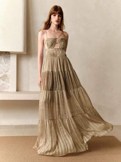 Arave Vestido elegante y fluido de verano para mujer, con tirantes de espagueti, estampado a rayas tejido, escote trasero y plisado