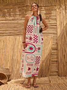 Bóhologie Vestido bohemio estilo A-line con cuello halter y bordado floral, vestido bohemio para mujer