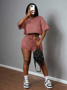 Slaydiva 2 件套女士休闲运动街头风格圆领短袖 T 恤和短裤，超大雪花面料运动衫套装 - 玫瑰紅 - 查看 5