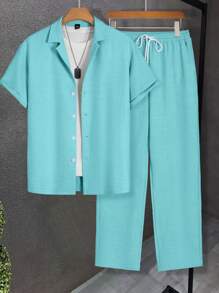 Manfinity Homme 男式纯色纽扣短袖衬衫和长裤两件套服装 - 藍色 - 查看 3