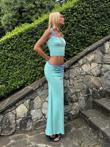 SHEIN ICON Bộ áo yếm màu tương phản Hawaii Teal cho kỳ nghỉ hè & váy ngắn bó cạp thấp - Màu xanh Bạc hà - Xem 4