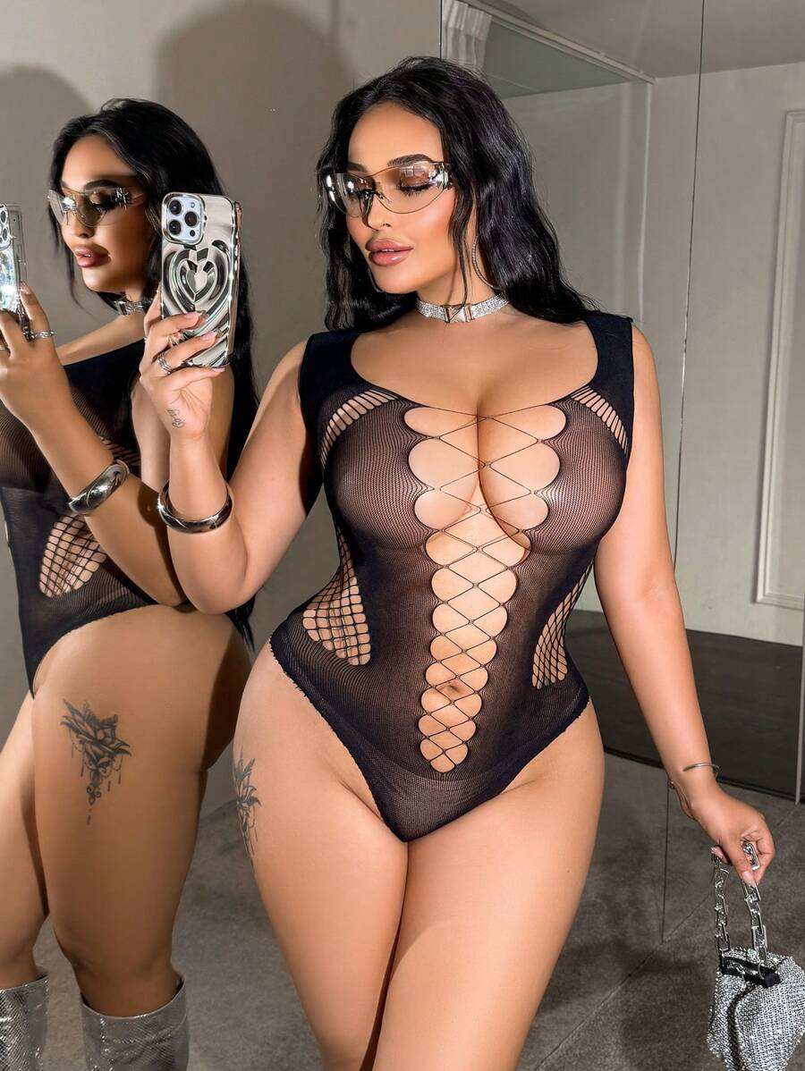 SHEIN 大码女士性感网眼镂空时尚内衣 - 黑色 - 查看 1