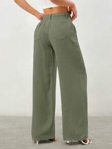 SHEIN PETITE Women's Solid Color Casual Drawstring Tie-Front Pants With Pockets,Cargo Pants - Army Green - View 2