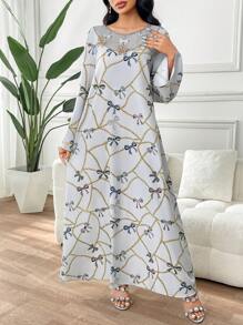 Yasmyna 女士圆领蝴蝶印花喇叭袖土耳其/阿拉伯长袍，朴素的卡夫坦 - 彩色 - 查看 5