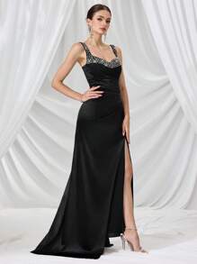 Coutiva Women's Crystal Embellished Ruffle Open Slit Maxi Formal Evening Dress Luxurious Women's Evening Dresses Black Dress Soft Dress Summer Dress Sequin Dress, Party Dress, Gown, For Wedding Guest - Black - View 8