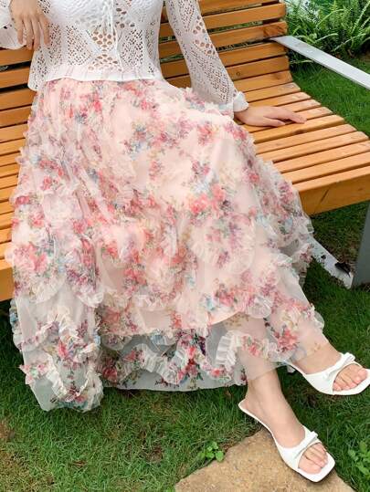 Celisse Women's Sweet Romantic Vacation Slimming Floral Print Layered Ruffle Trim Mesh Skirt, Spring/Summer Fall Cloth For Women