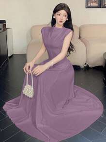 Modelyn 女式高领无袖不对称喇叭下摆优雅连衣裙 - 紫色 - 查看 5
