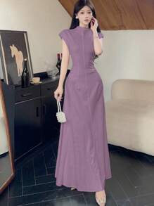Modelyn 女式高领无袖不对称喇叭下摆优雅连衣裙 - 紫色 - 查看 6