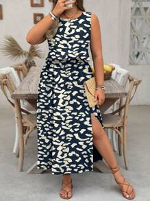 SHEIN Clasi 加大码 LUNE 无袖圆领碎花休闲/工作连衣裙，收腰，下摆开衩，适合女性