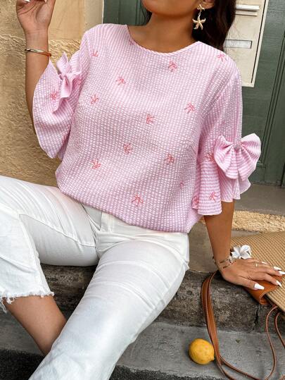 Weeklong Plus Size Casual Bowknot & Striped Print Round Neck Short Sleeve Shirt