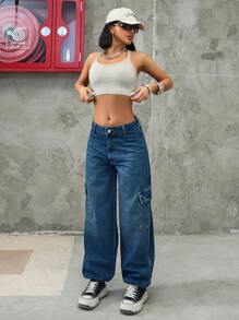 EURMUSE Low Waist Vintage Wash Flap Pocket Jogger Jeans Women S Clothes Woman S Summer Clothes - Medium Wash - View 6