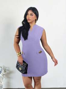 Firerie 大码女式休闲春夏优雅简约别致浪漫办公室工作通勤日常百搭 V 领褶饰金属花朵装饰 A 字型宽松短袖连衣裙，女士正式连衣裙