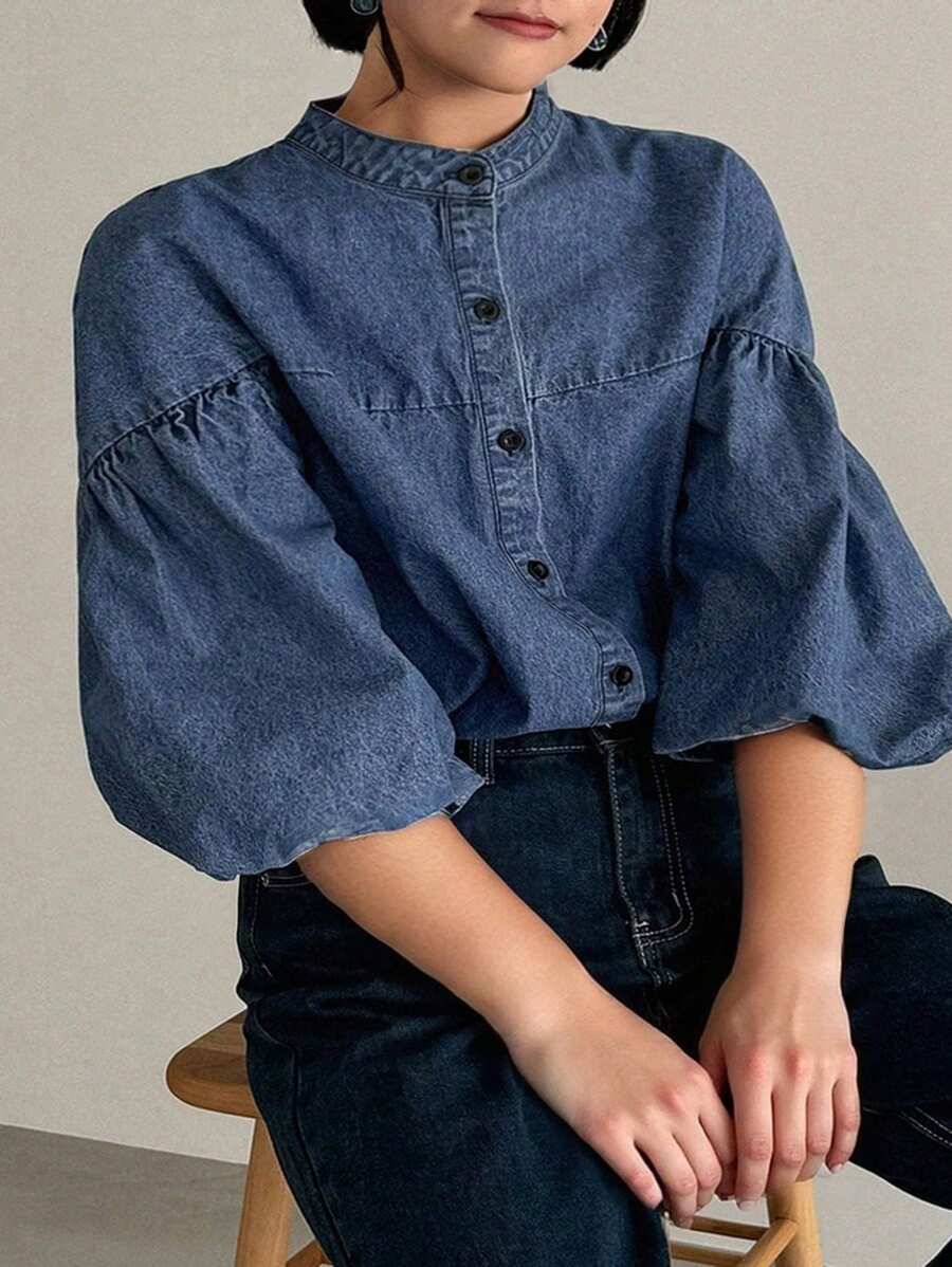 Dazy Plus 大码女式深色水洗牛仔灯笼袖圆领宽松牛仔衬衫上衣、牛仔夹克、秋季女装