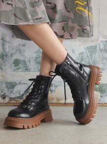 Sugerpunk Women's Dark Gothic Punk Lace-Up Colorblock Motorcycle Boots, Soft Sole Rider Ankle And Ankle Boots - Black - View 3