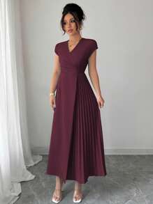 Elenzga 女士优雅简约纯色交叉 V 领连衣裙，腰部褶皱，落肩长袖，适合通勤、办公室、商务、休闲或下午茶，春夏季 - 紫紅色 - 查看 5