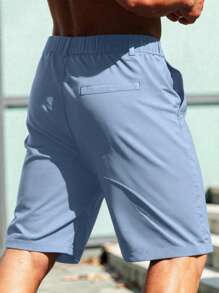 Manfinity Homme Men's Solid Color Pocket Casual Shorts, Versatile Summer Light Blue Shorts - Baby Blue - View 2