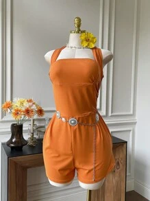 SHEIN EZwear Plus Size Orange Halter Tie-Waist Ruffle Decorated Jumpsuit, Resort Style For Spring/Summer - Orange - View 4