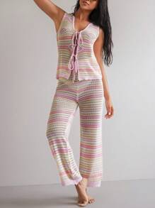 SHEIN Swim Women's Elegant Pink Striped Tie Front Knitted Cover Up, Beach Cover-Up For Summer Beach Vacation