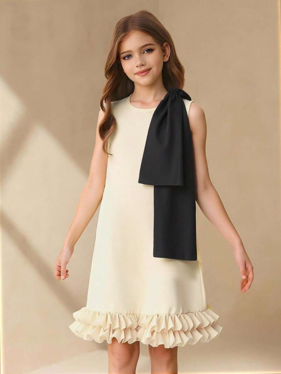 Tween Girl Minimalist Stylish Elegant Round Neck Sleeveless Loose Short Colorblock Design Detachable Bow Ruffle Hem Dress, Summer - Beige - View 1
