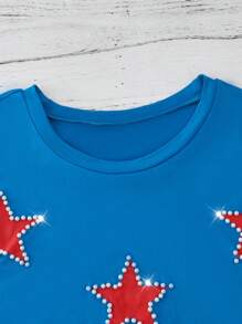 Flirla Plus Size Women Independence Day Star & Pearl Decor T-Shirt - Blue - View 3