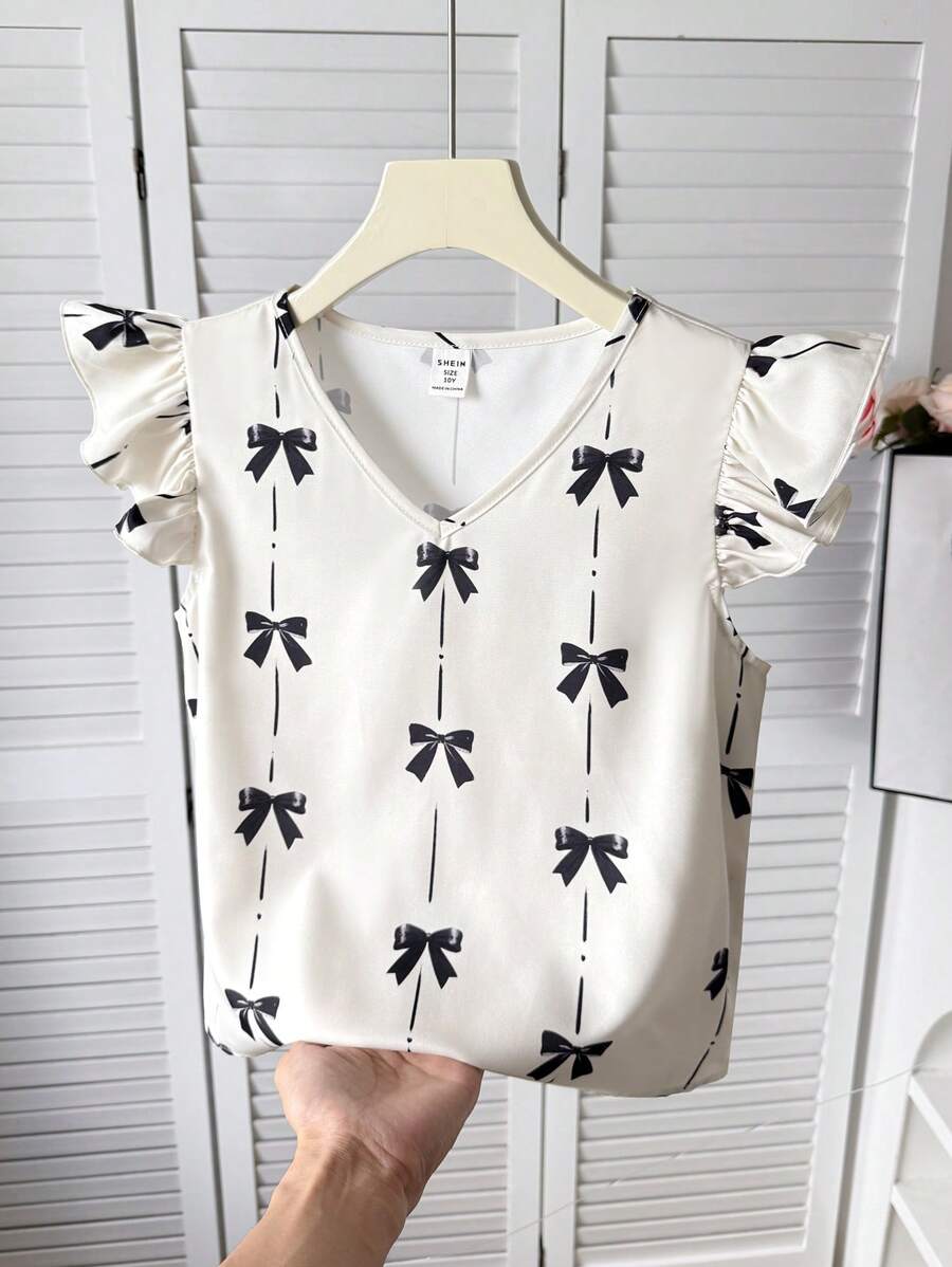 SHEIN 青少年女孩休闲V领蝴蝶印花盖袖衬衫 - 米色 - 查看 1