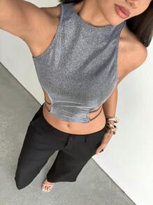 Aloruh 女士圆领无袖镂空细肩带金属线音乐节露脐性感背心 - 銀色 - 查看 1