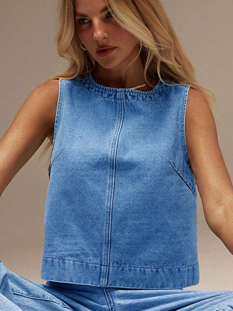 SHEIN Forever 21 女士秋冬正装/返校季/万圣节/婚礼宾客/度假/千禧年/海滩/可爱/教师/外出/商务休闲/优雅/生日/办公室/乡村音乐会/夜店性感/西部风/工作/街头风/复古/节日/鸡尾酒会/锐舞派对/毕业舞会/夏威夷/机场/趣味/基础款/早午餐/2000年代风格/老钱风格/教堂/返校节/高贵/派对/端庄/约会之夜/牛仔女郎/无袖牛仔上衣 - 藍色 - 查看 1