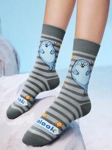 SEALOOK X SHEIN 3 Pasang Kaos Kaki Wanita Motif Kartun Lucu, Lembut, Menyerap Keringat, dan Bernapas, Ujung dan Tumit Diperkuat, Desain Unisex untuk Semua Musim dengan Motif Garis-garis, Lautan, dan Anjing Laut - MultiWarna - View 6