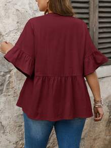 SHEIN LUNE Plus-size effen V-hals korte mouwen geplooide enkelrijs casual overhemd