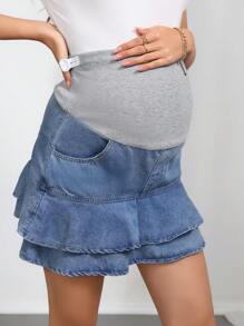 SHEIN Elastic Patchwork Autumn Maternity Denim Skirt Autumn Festival - Light Wash - View 1