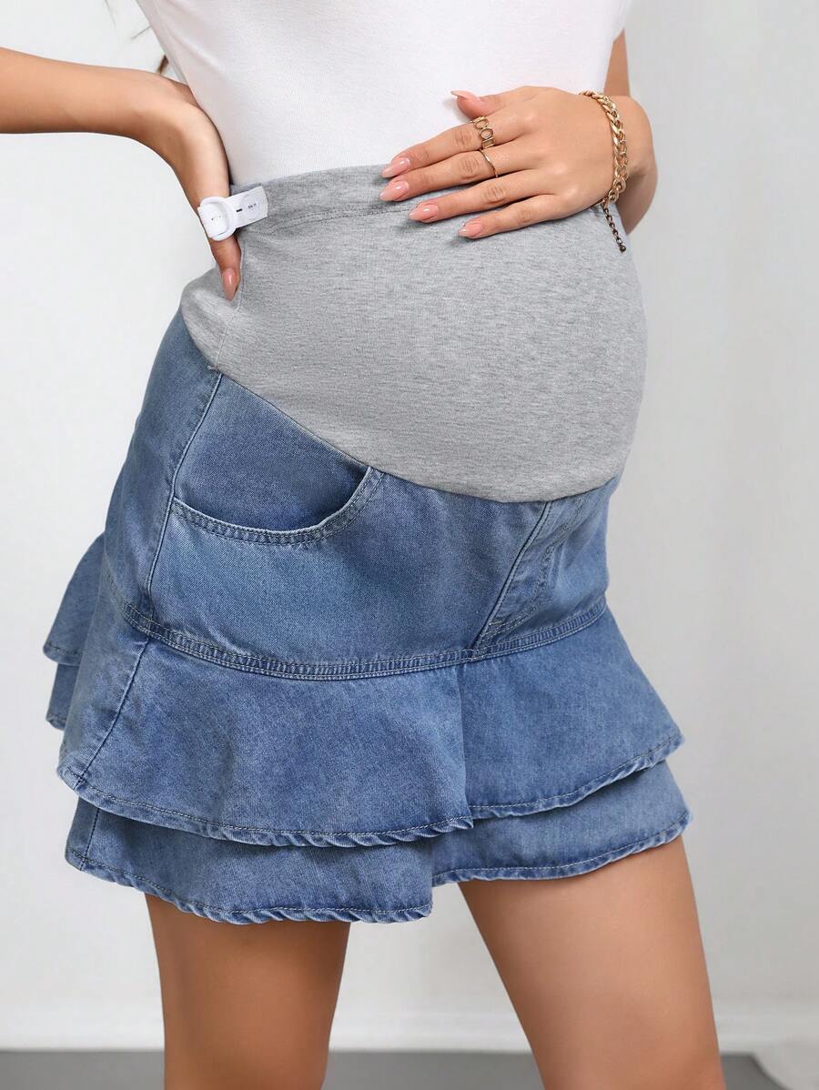 SHEIN Elastic Patchwork Autumn Maternity Denim Skirt Autumn Festival - Light Wash - View 1