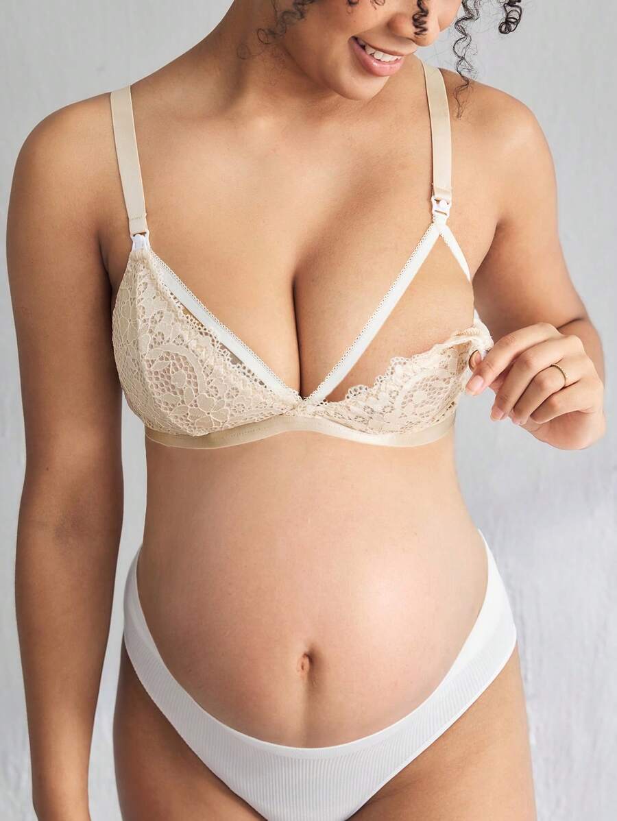 Maternity Floral Lace Nursing Sexy Lingerie Bra - Apricot - View 1