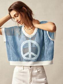 Bohemela 女士撞色针织短袖镂空设计毛衣 - 藍白色 - 查看 4