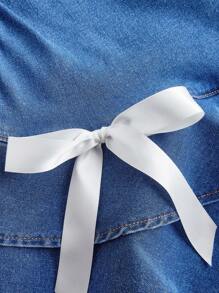 SHEIN MOD Plus Size Women Strapless Ruched Bow Decor Ruffle Denim Dress - Light Wash - View 4