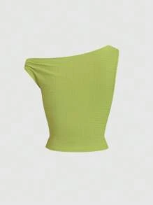 Sweetra Top casual ajustado con cuello asimétrico, primavera/verano - Verde - Ver 2